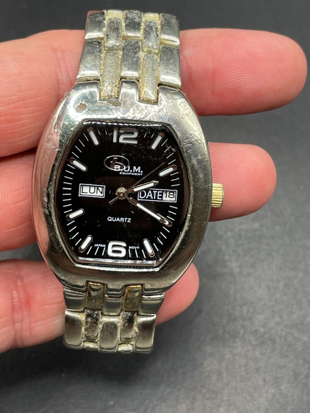Bum Equipment 3316 Analog Date/Day Mens Quartz Watch Black Dial Silver Tone 36mm
